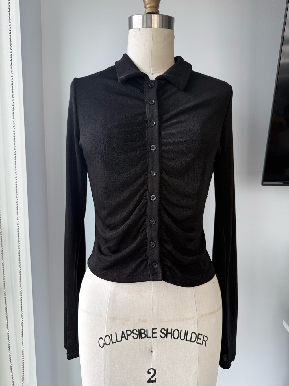Garage Black Ruched Button-Front Long Sleeve Sheer Shirt
